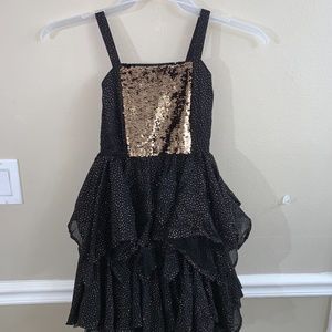 Girls Sz 8 Justice Dress Sleeveless Black gold Sparkly Sequin layered tutu